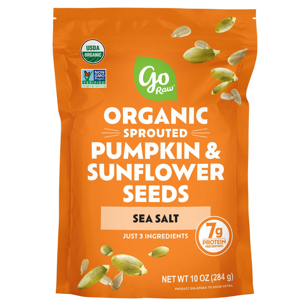 Go Raw pumpkin seeds sea salted bag front for a protein-rich snack.