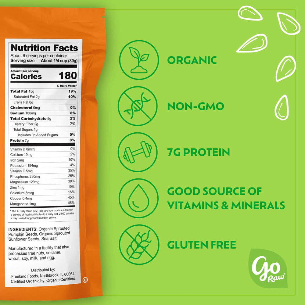 Go Raw sprouted pumpkin seeds sea salted close-up shows crunch and freshness.