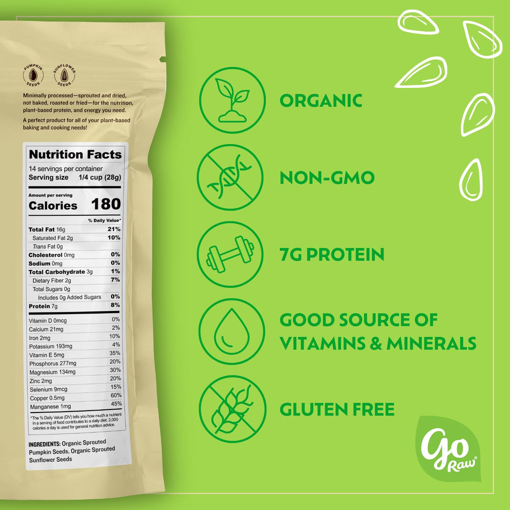 Go Raw bag closeup highlights sprouted seeds and non-GMO quality.
