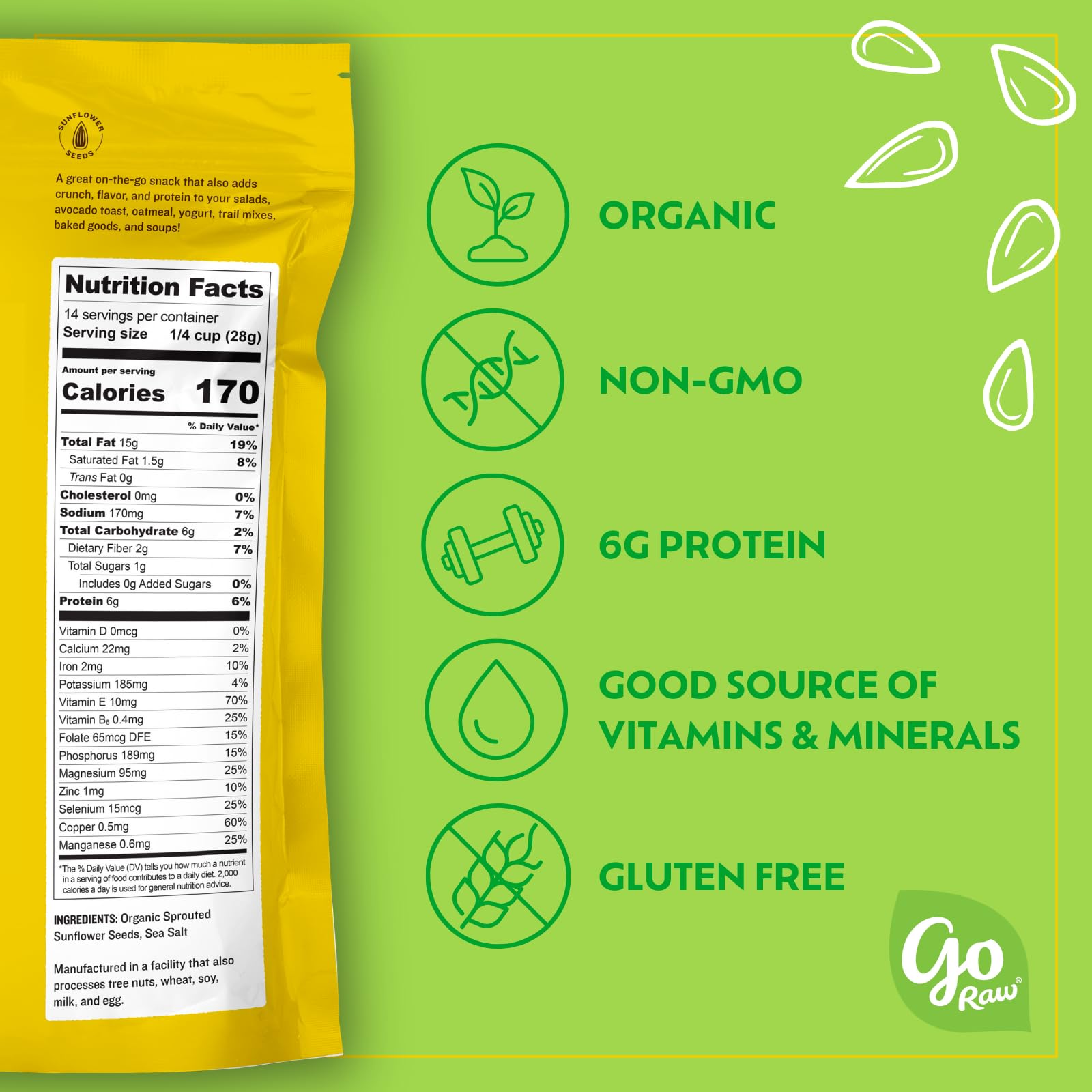 Go Raw sprouted sunflower seeds provide a protein-rich, crunchy snack