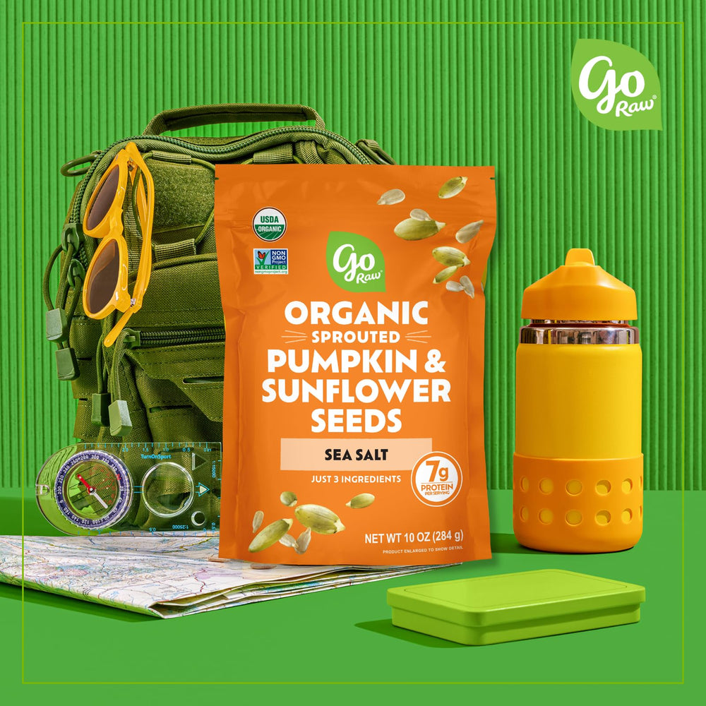 Go Raw sprouted sunflower seeds sea salted bag highlights a nutrient-dense option.