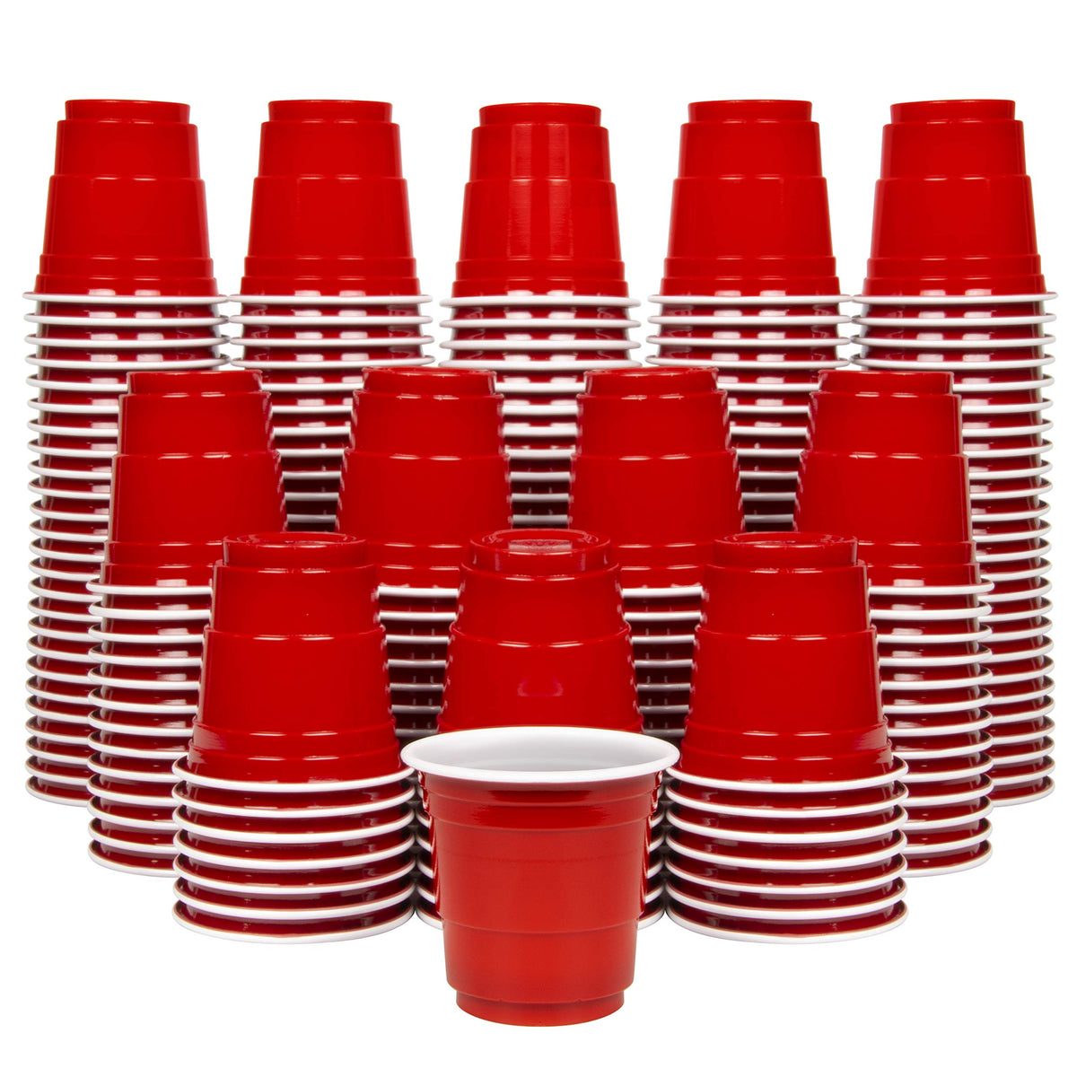 GoBig 200-pack red 2 oz shot cups for party service and easy cleanup.