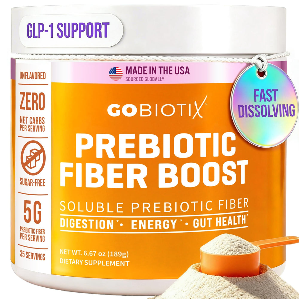 GOBIOTIX fiber supplement powder bottle promotes daily gut balance with plant-based soluble fiber.