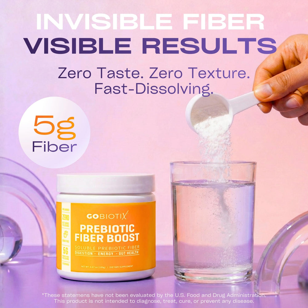 Pouring GOBIOTIX fiber supplement powder into a glass for easy daily mixing.
