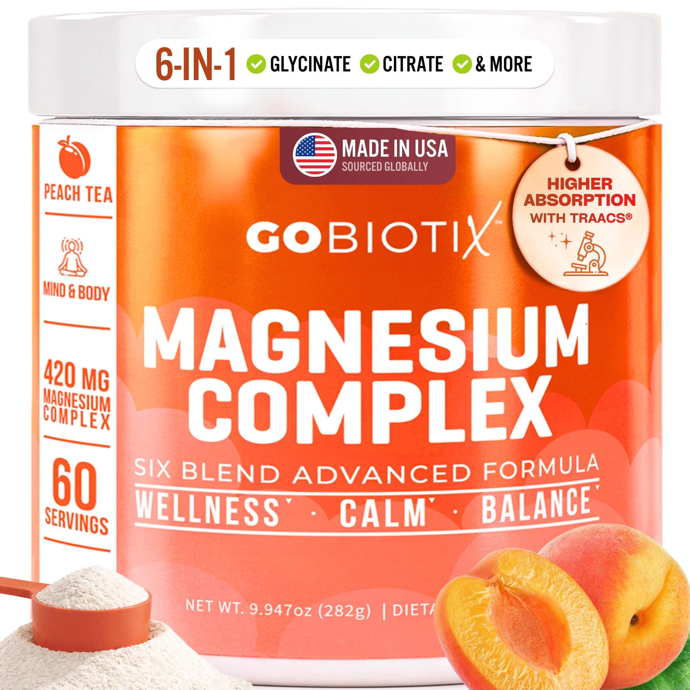 GoBiotix magnesium glycinate powder bottle close-up showing high absorption formula for daily support.