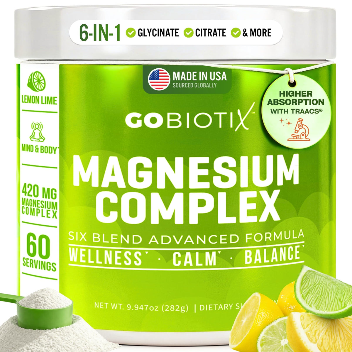 GOBIOTIX magnesium glycinate powder bottle with lemon-lime flavor for daily calm