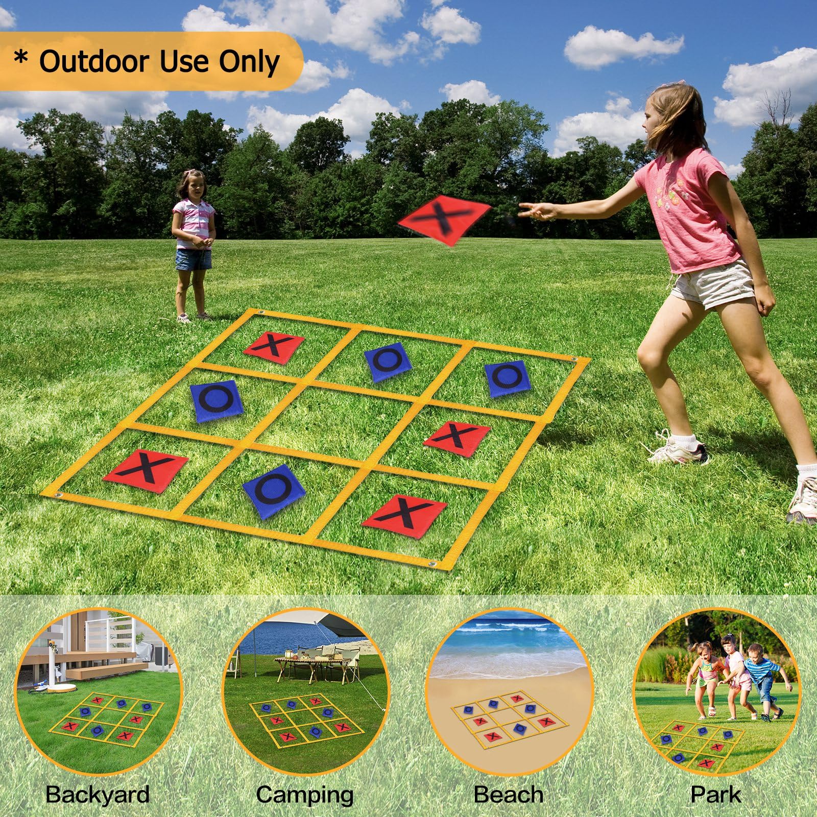 Gocasmus yellow tent pegs secure the board on grass, sand, or dirt.