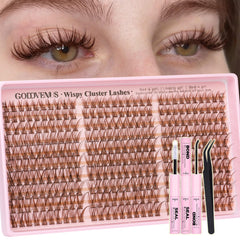 Goddvenus brown lash clusters kit close-up showing natural wispy texture for DIY extensions at home