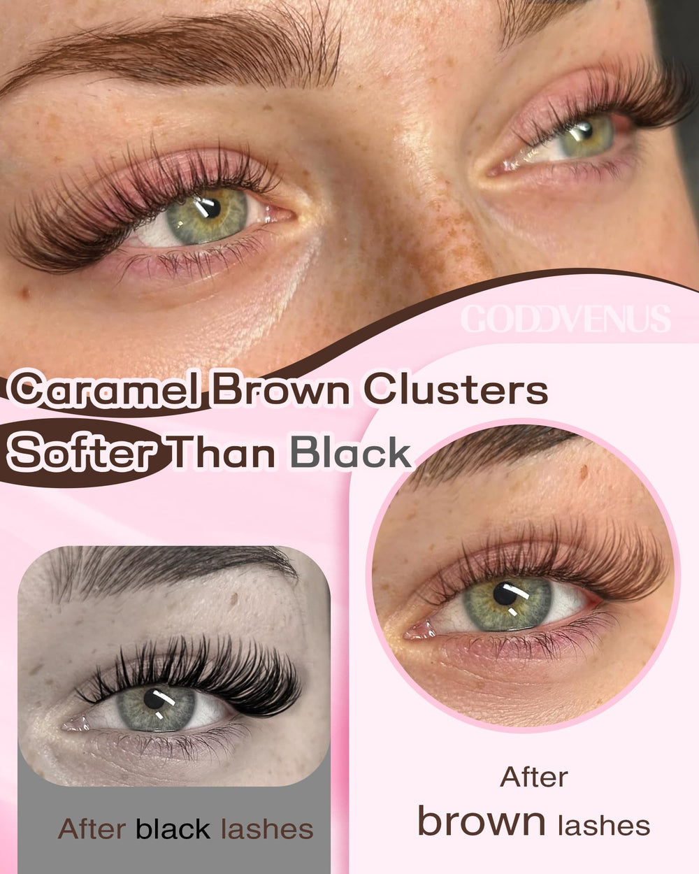 Goddvenus brown lash clusters kit shows varied lengths for customized looks