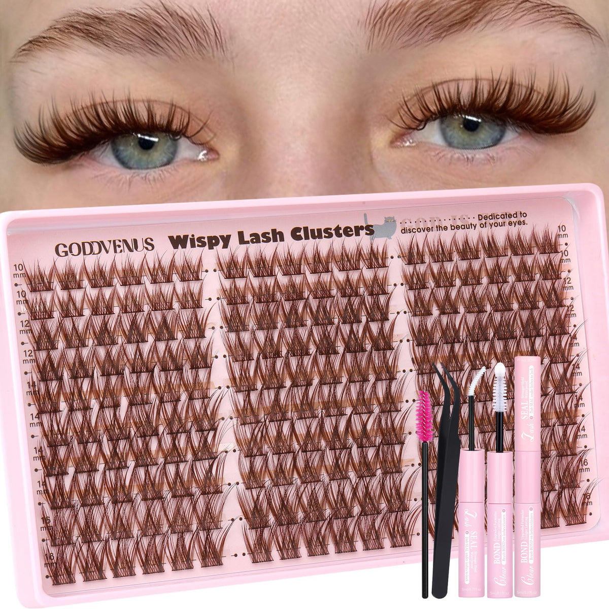 Goddvenus brown wispy lash clusters pack for natural, mascara-like definition.