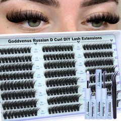 Goddvenus lash clusters kit with mixed 12mm, 14mm, 16mm lengths for customizable styles.