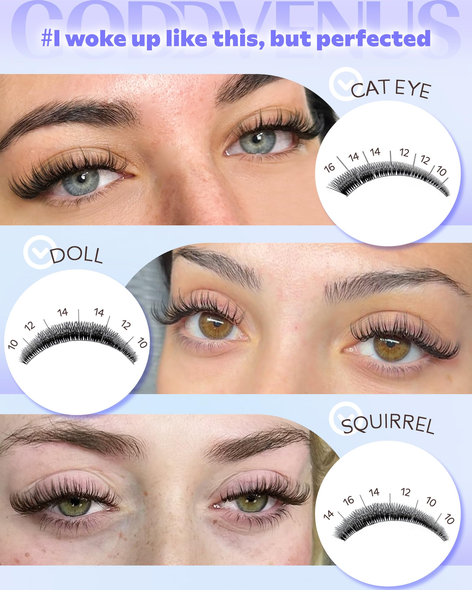 Goddvenus Wispy Lash Clusters 10-16mm length shown for wispy elongation.