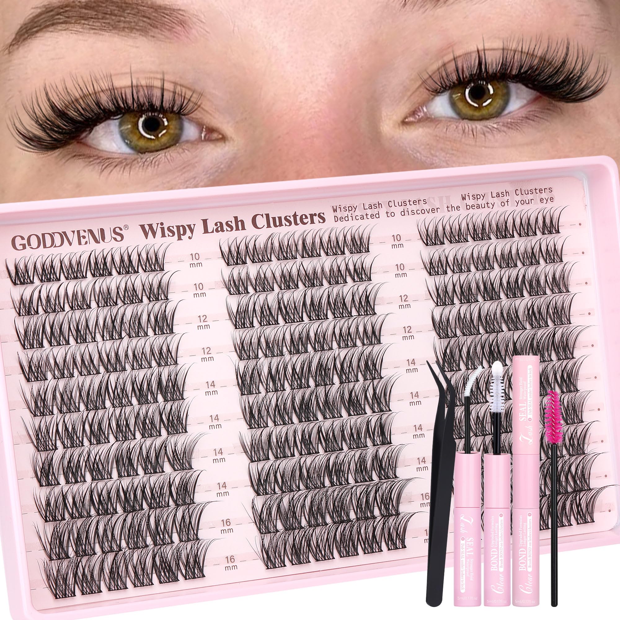 Goddvenus Wispy Lash Clusters Kit contents for a complete DIY lash setup with natural clusters.
