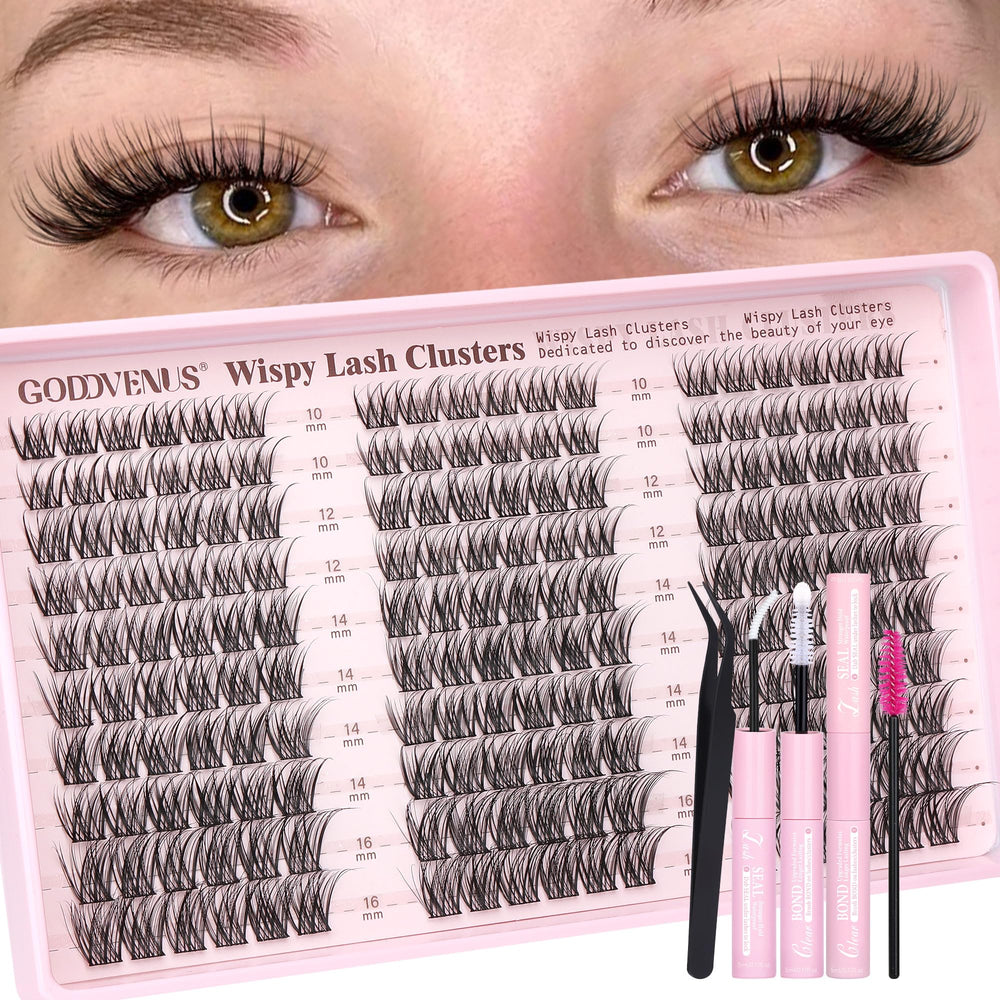 Goddvenus Wispy Lash Clusters Kit contents for a complete DIY lash setup with natural clusters.