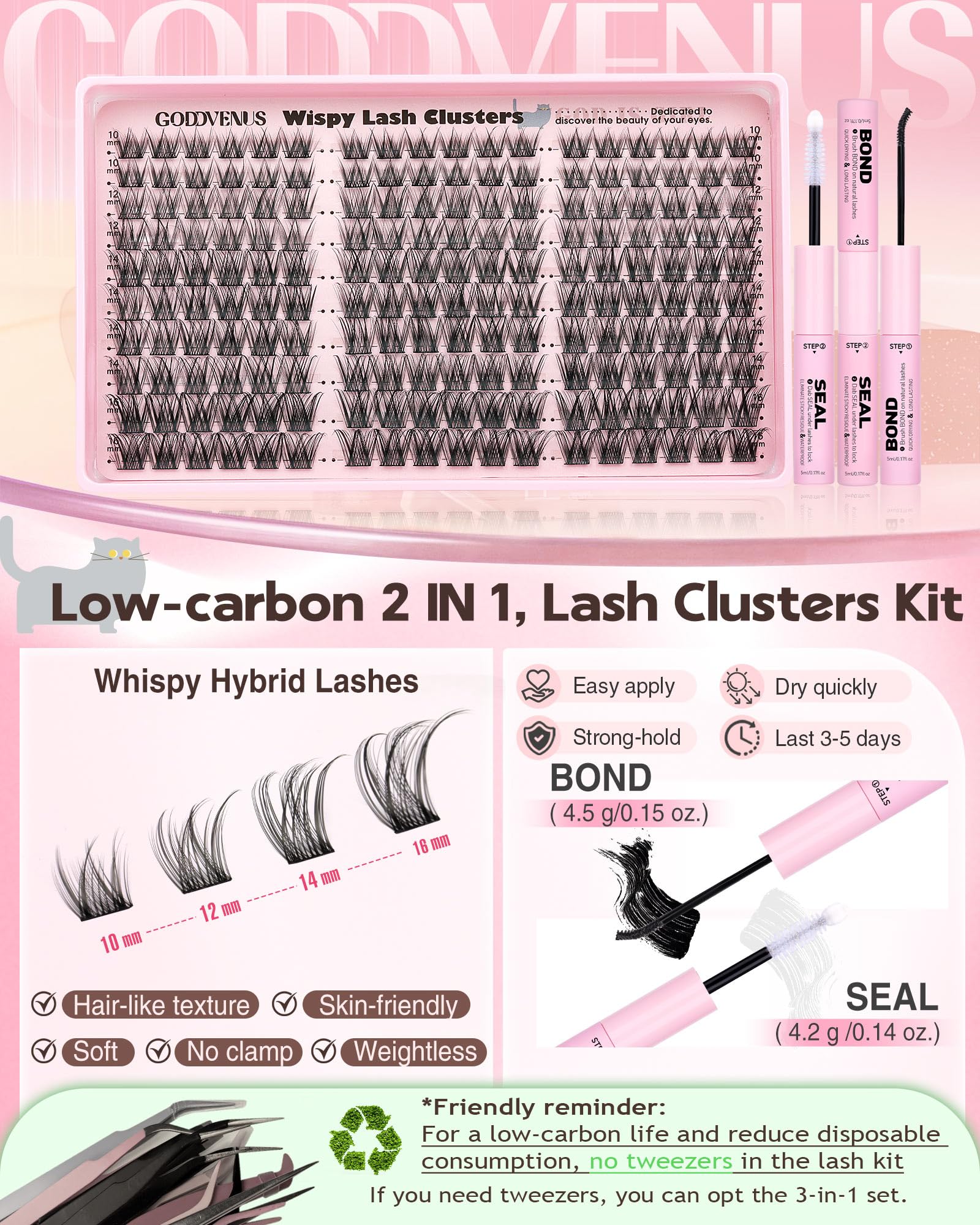 Goddvenus Wispy Lash Clusters length range 10-16mm suits natural to dramatic looks.