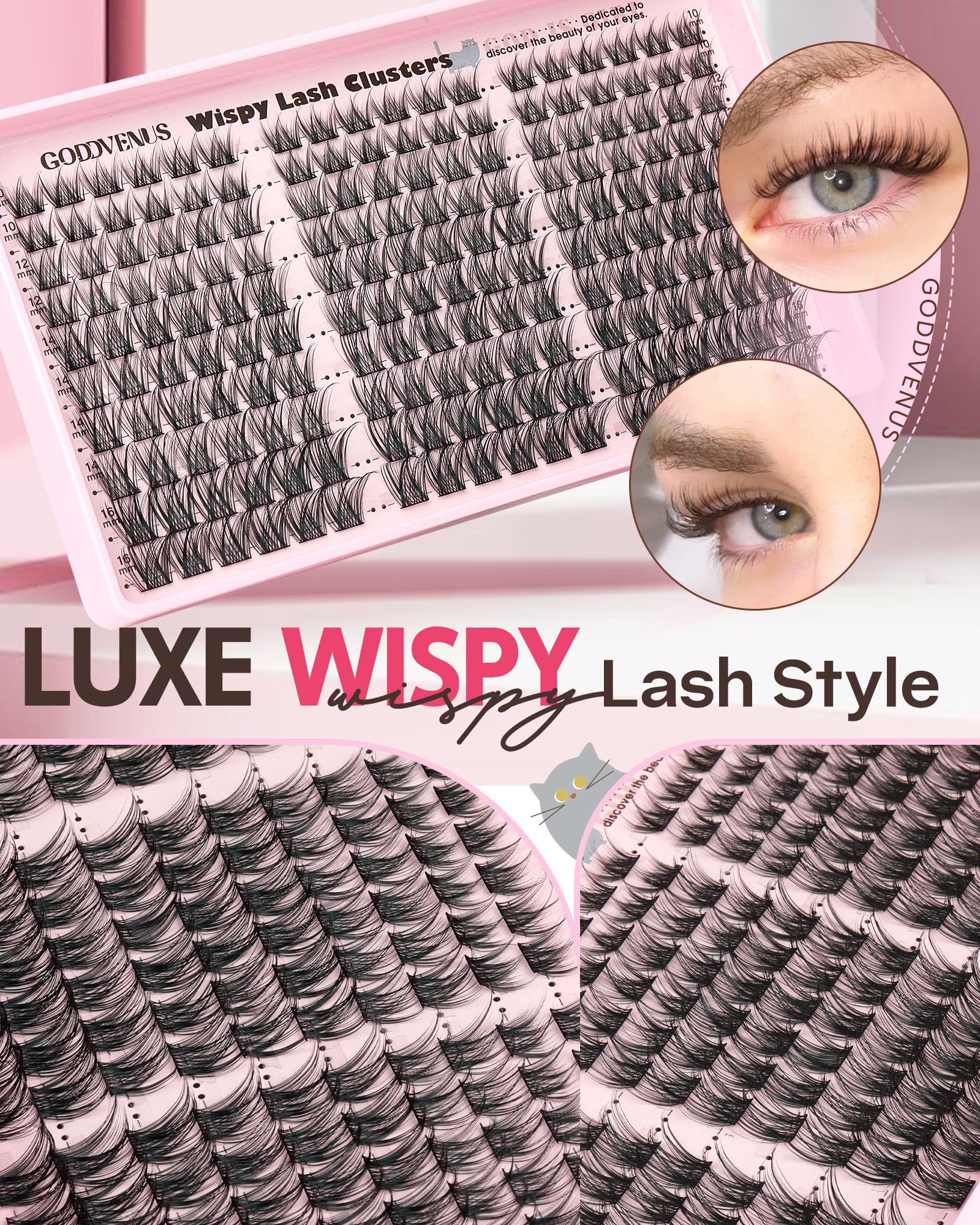 Goddvenus Wispy Lash Clusters no-tweezers note suggests eco-friendly, compact kit.