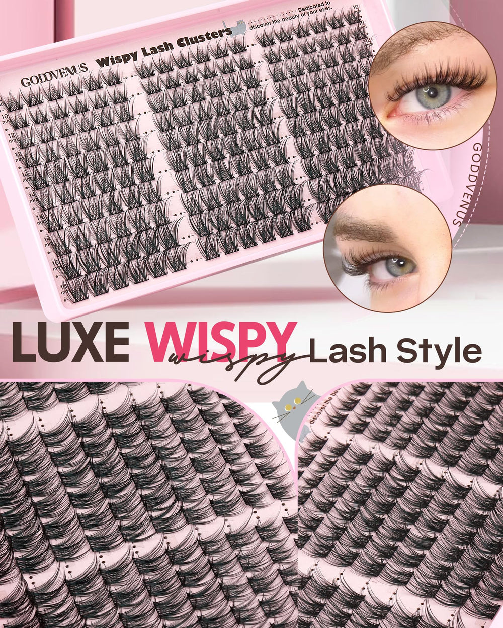 Goddvenus Wispy Lash Clusters no-tweezers note suggests eco-friendly, compact kit.