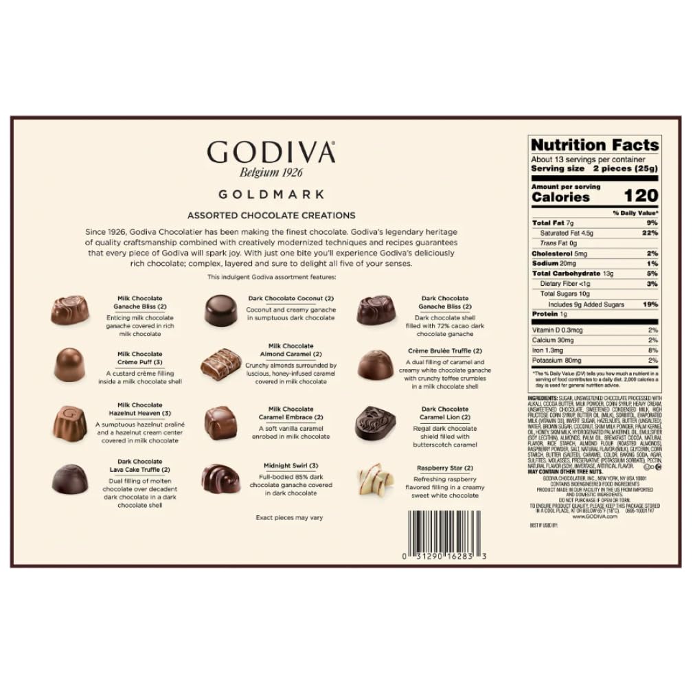 Godiva chocolates displayed on a tray showing a 12-flavor variety for tasting