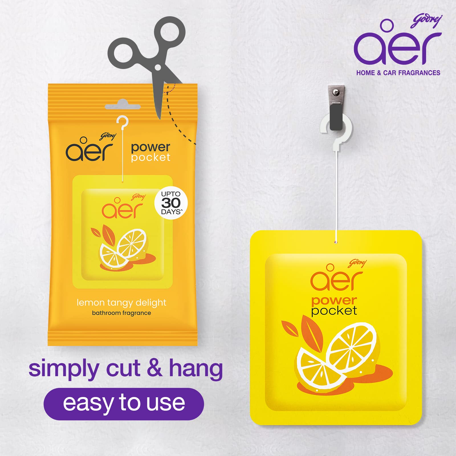 Godrej aer Power Pocket Lemon Tangy Delight adds zesty aroma to any small space.