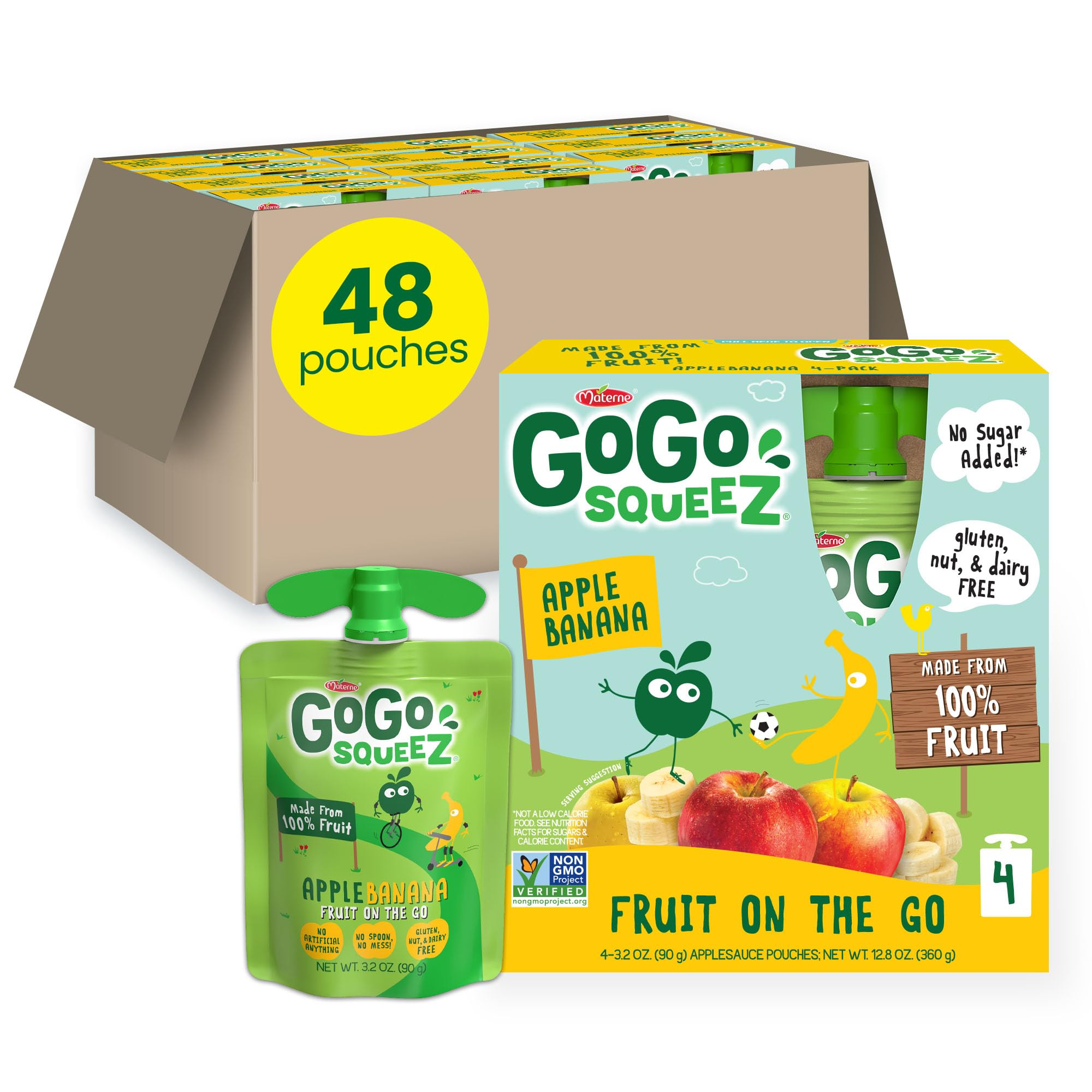 GoGo squeeZ Apple Banana pouch in a lunchbox for a mess-free snack.