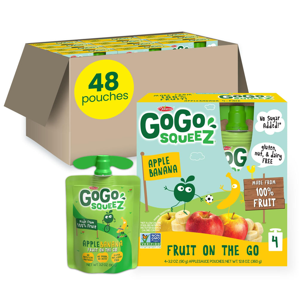 GoGo squeeZ Apple Banana pouch in a lunchbox for a mess-free snack.