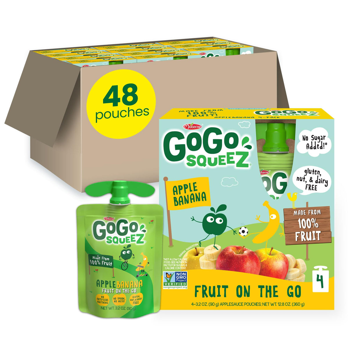 GoGo squeeZ Apple Banana pouch in a lunchbox for a mess-free snack.