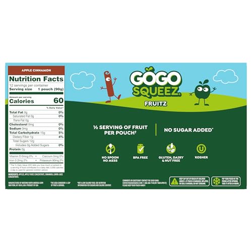 GoGo squeeZ Apple Cinnamon pouch open showing built-in straw for quick snacking.