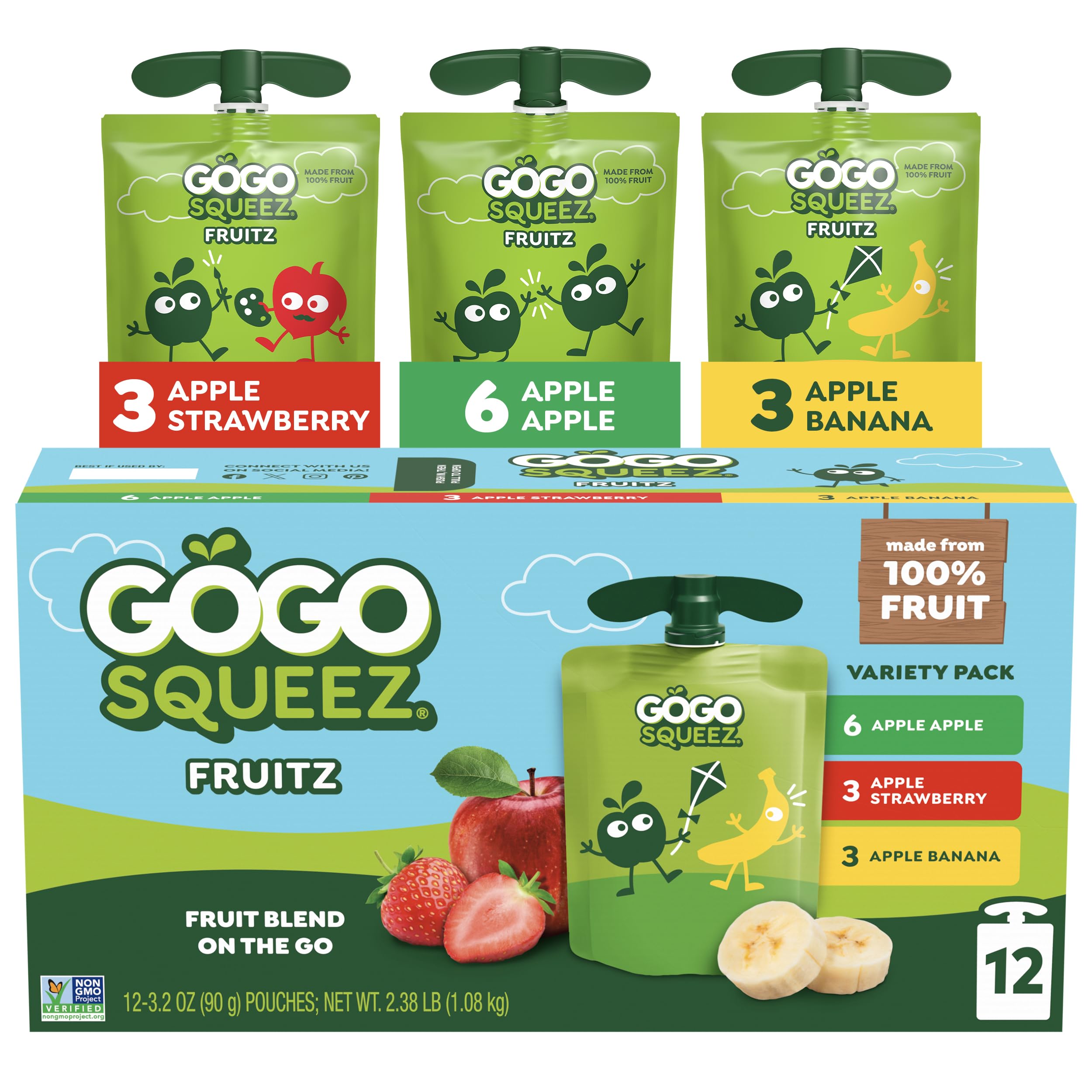 GoGo squeeZ no sugar added applesauce front view, convenient on-the-go snack for kids