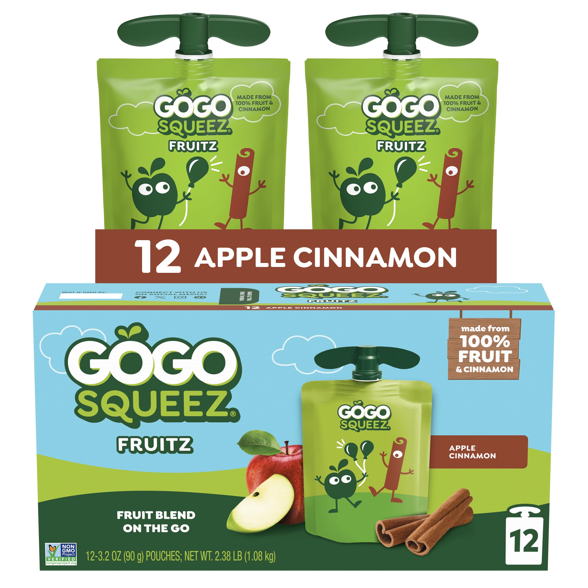 GoGo squeeZ No Sugar Added Apple Cinnamon 12-pack, shelf-stable fruit snack for on-the-go.