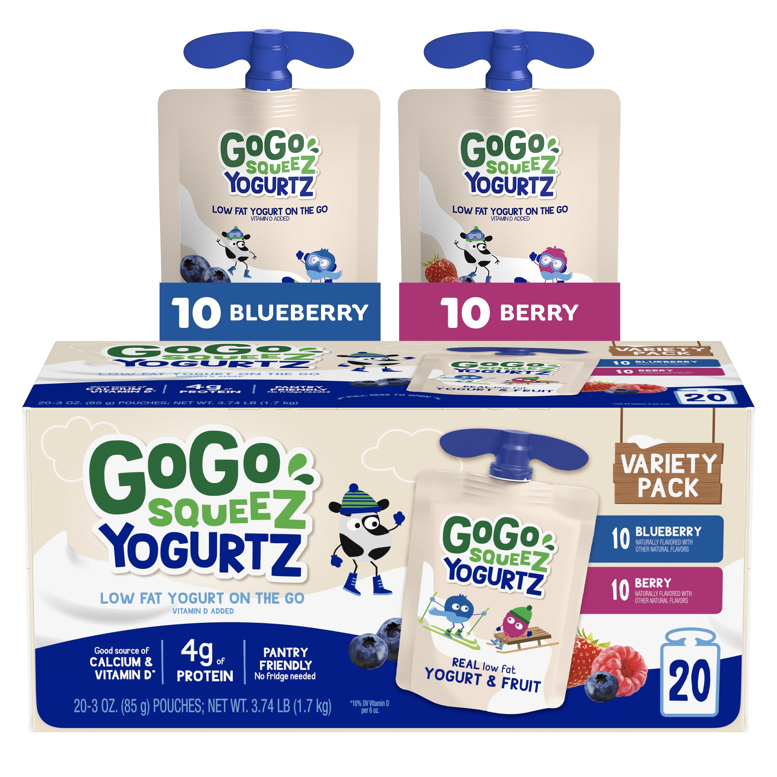 GoGo squeeZ yogurtZ blueberry pouch: on-the-go creamy yogurt snack, no fridge needed.