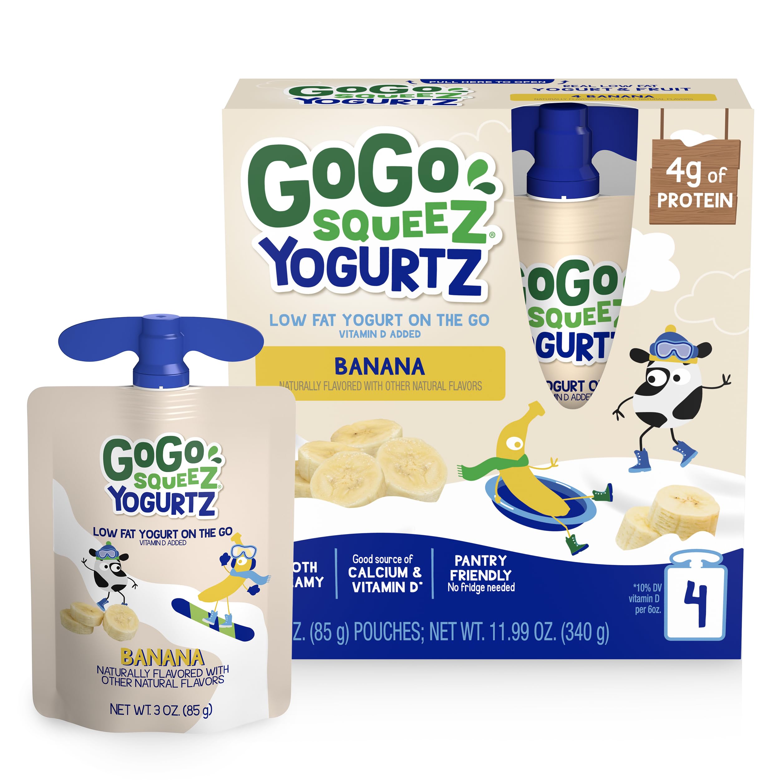 GoGo squeeZ yogurtZ blueberry pouch for a mess-free on-the-go snack.