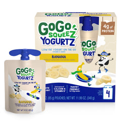 GoGo squeeZ yogurtZ blueberry pouch for a mess-free on-the-go snack.