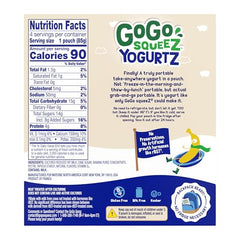 GoGo squeeZ yogurtZ four-pack in pantry-friendly pouches for travel or school.