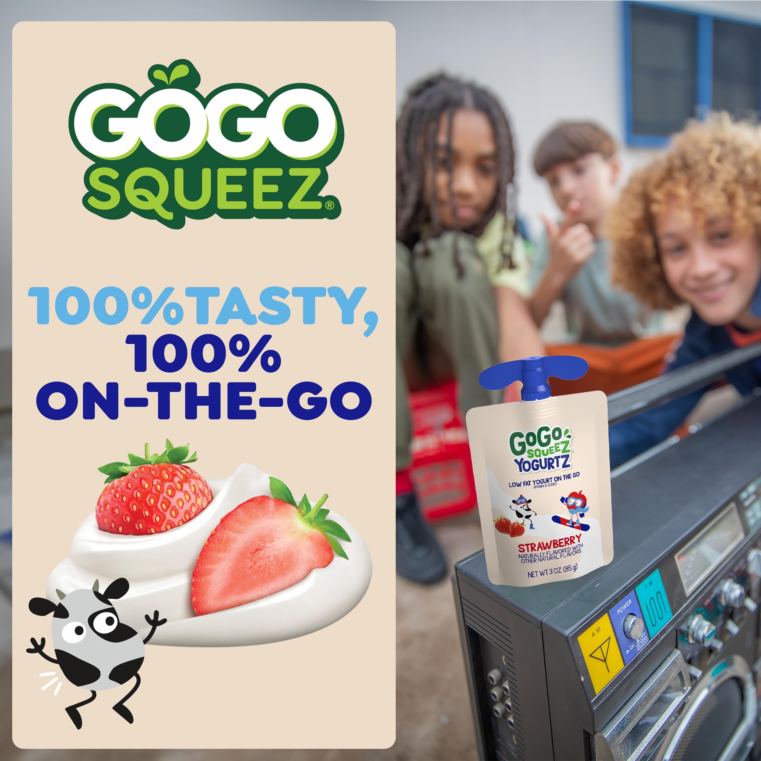 GoGo squeeZ yogurtZ easy-open cap and built-in straw.