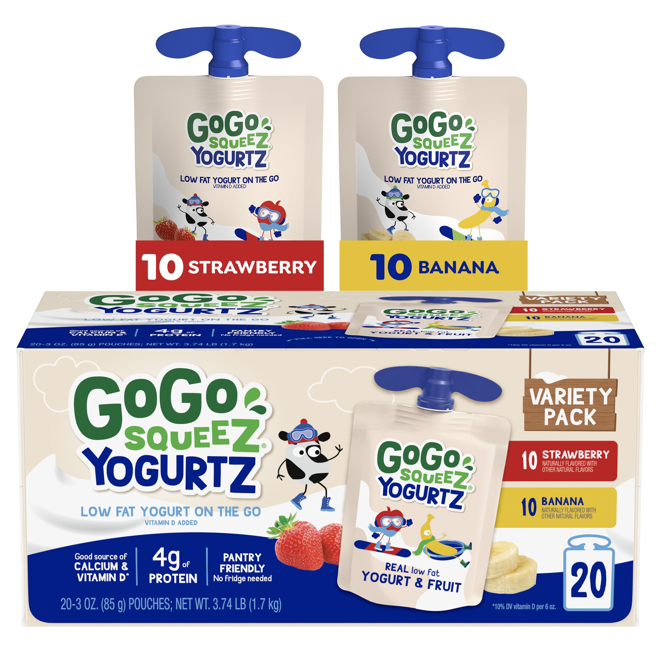 GoGo squeeZ yogurtZ strawberry-banana pack, kid-friendly real yogurt snack on the go.