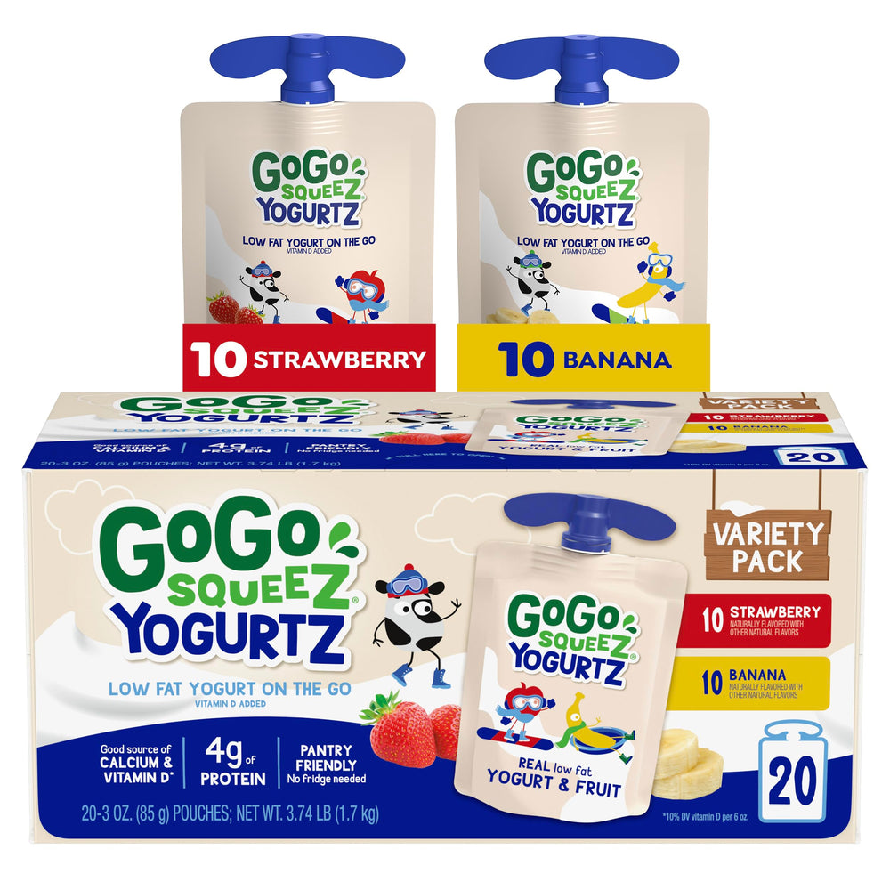 GoGo squeeZ yogurtZ strawberry-banana pack, kid-friendly real yogurt snack on the go.