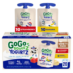 GoGo squeeZ yogurtZ strawberry-banana pack, kid-friendly real yogurt snack on the go.
