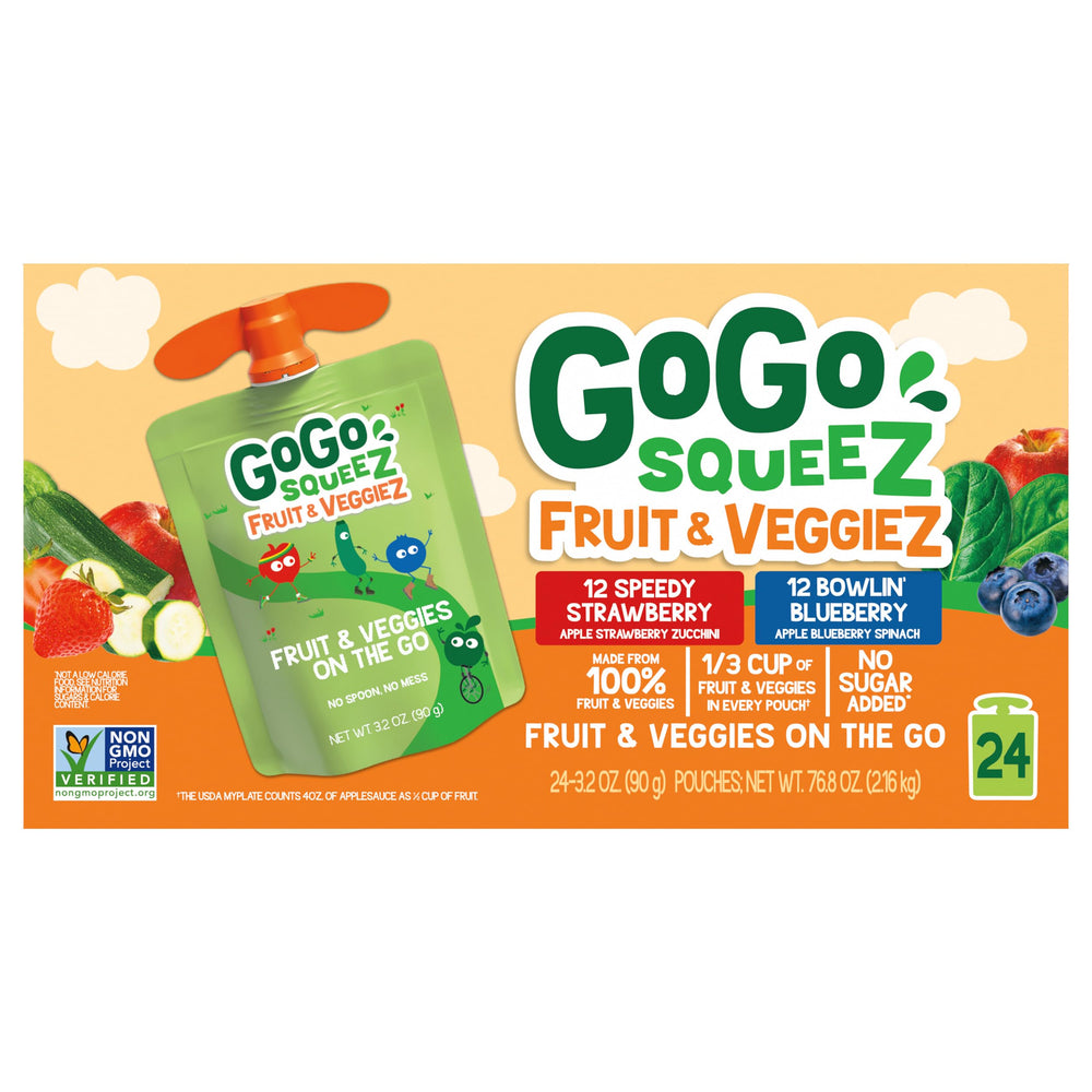 GoGo squeeZ Apple Blueberry Spinach pouch, kid-friendly texture for easy snacking