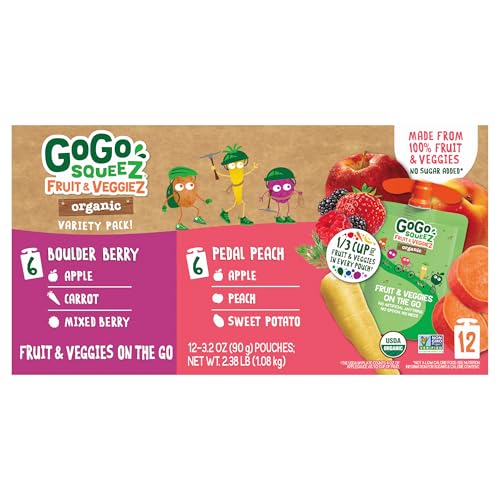 GoGo squeeZ Apple Peach Sweet Potato pouch offers fruit-veggie goodness.