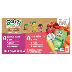 GoGo squeeZ Apple Peach Sweet Potato pouch offers fruit-veggie goodness.