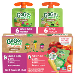 GoGo squeeZ pedal peach pouch for on-the-go kids snack.