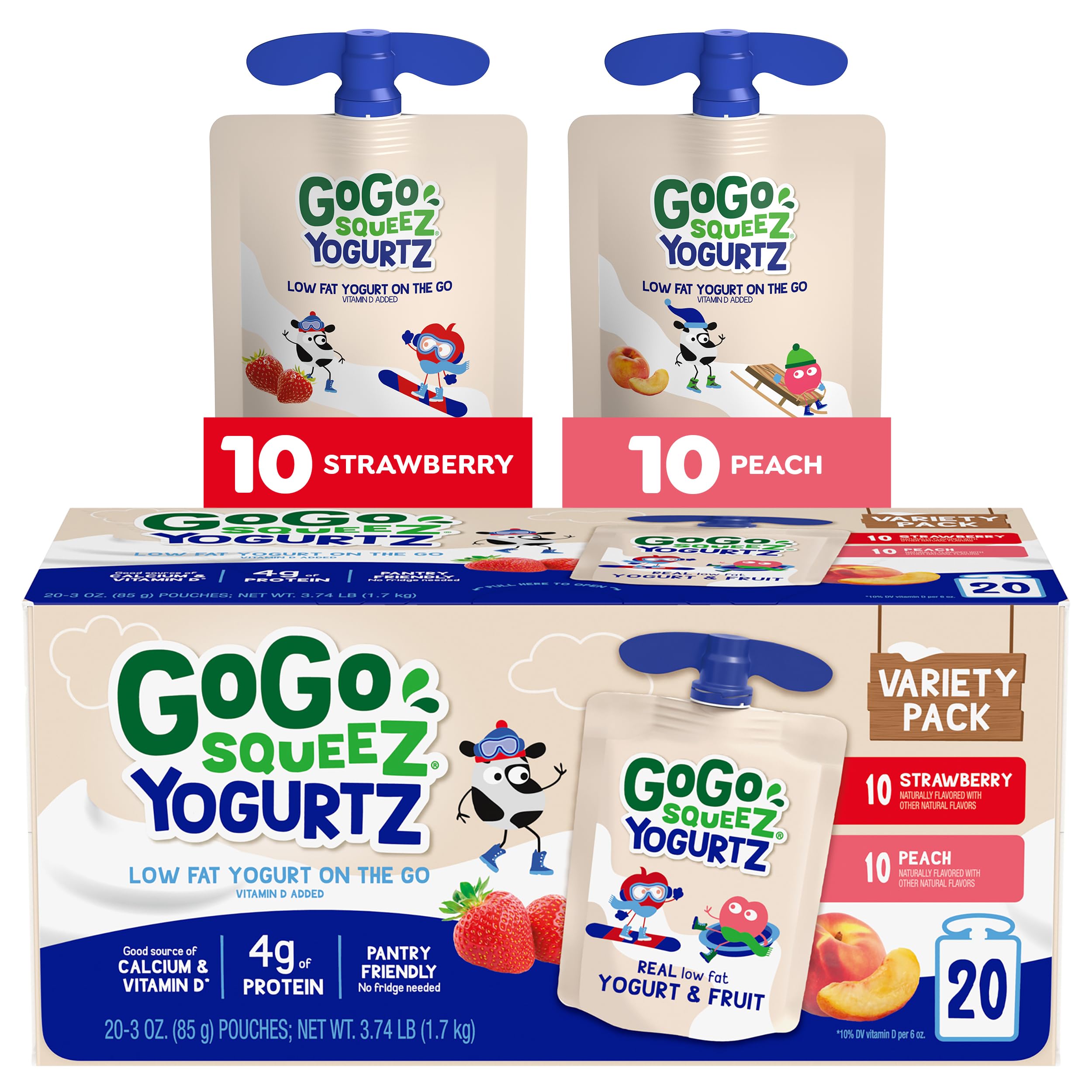 GoGo squeeZ YogurtZ strawberry 3oz pack, creamy on-the-go snack for kids.