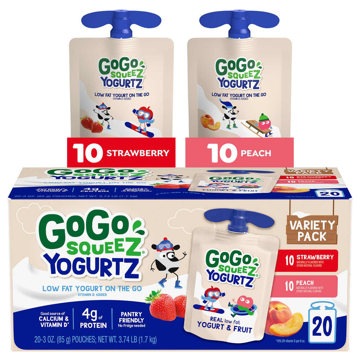 GoGo squeeZ YogurtZ strawberry 3oz pack, creamy on-the-go snack for kids.