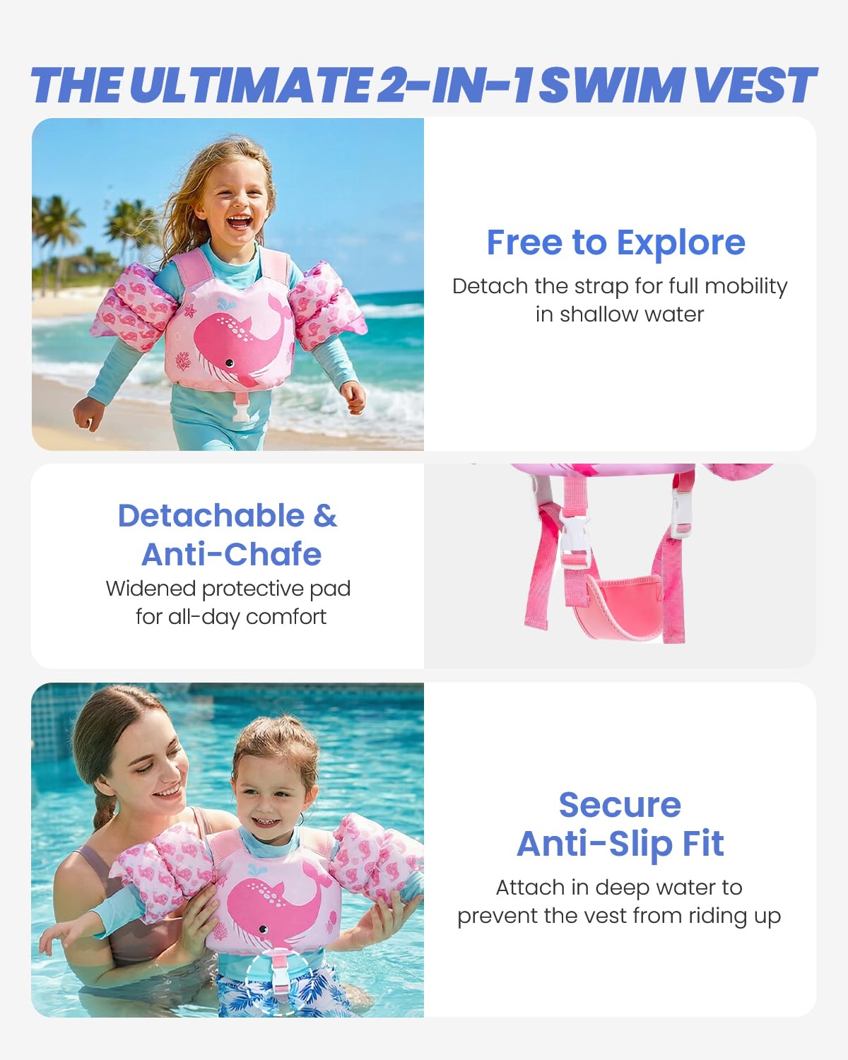 Gogokids vest features double safety buckles for secure, tamper-proof fit.
