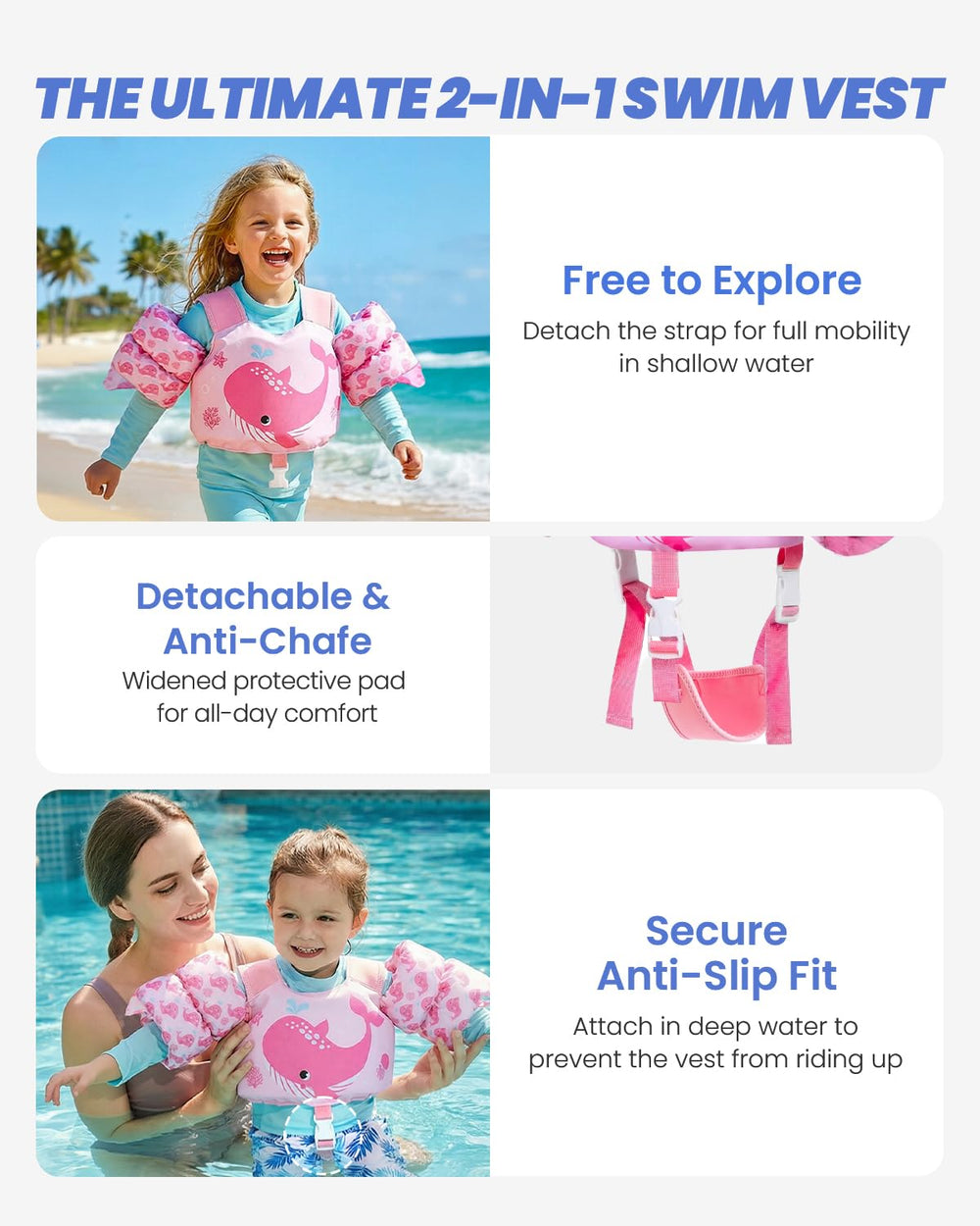 Gogokids vest features double safety buckles for secure, tamper-proof fit.