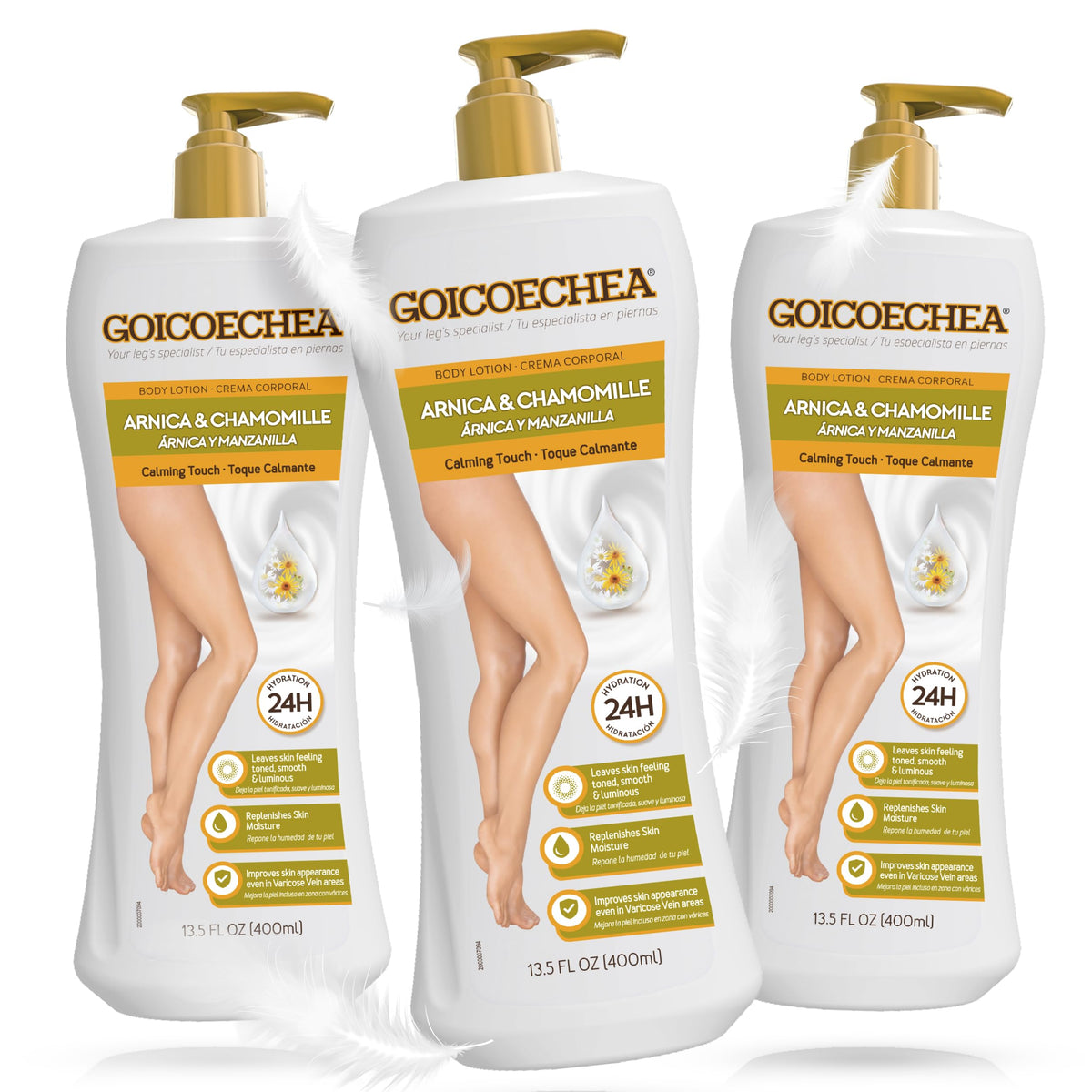 Goicoechea Arnica & Chamomile Lotion bottle shown for leg soothing hydration