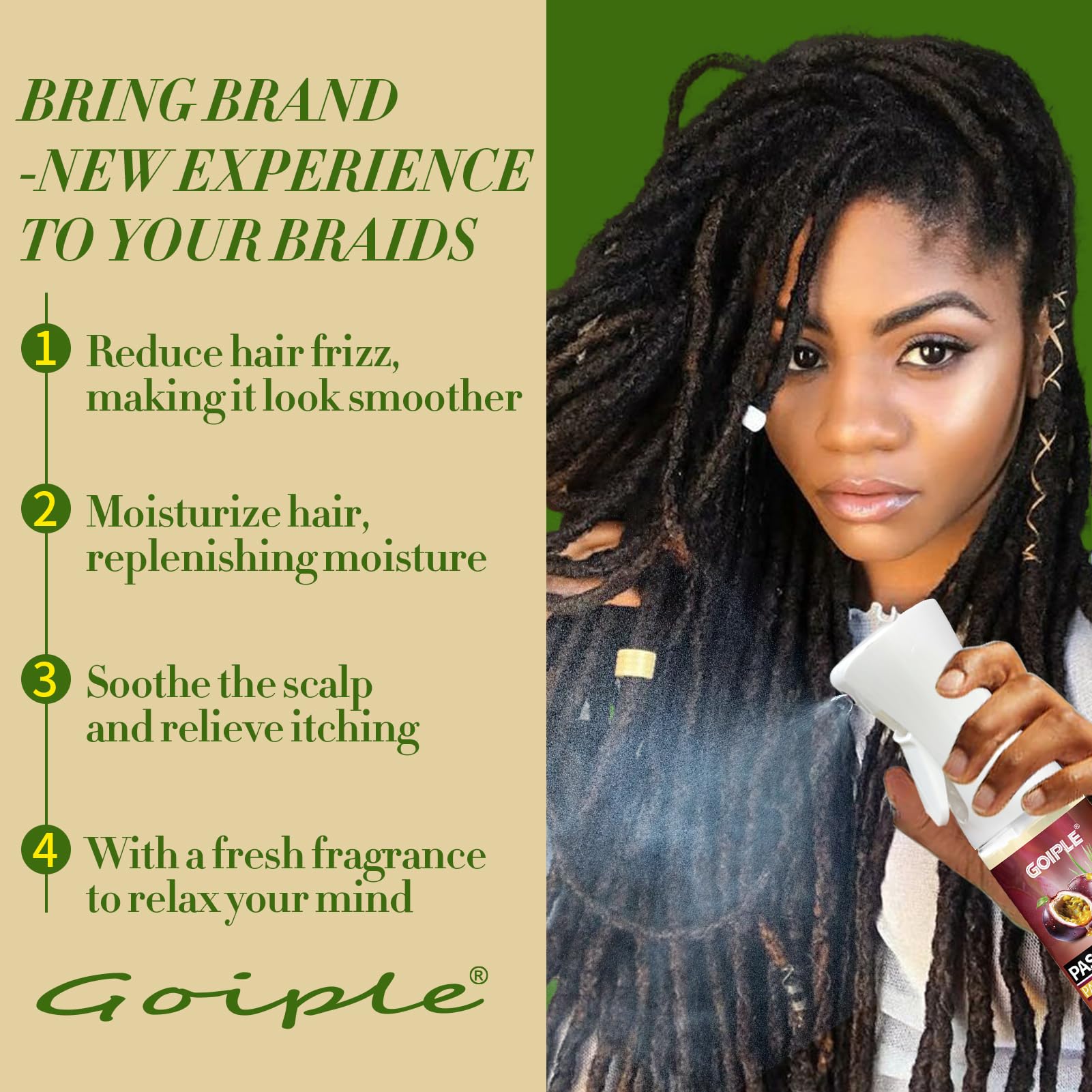 Goiple braid spray mist on hair soothing itch and frizz.