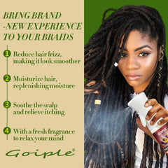 Goiple braid spray mist on hair soothing itch and frizz.