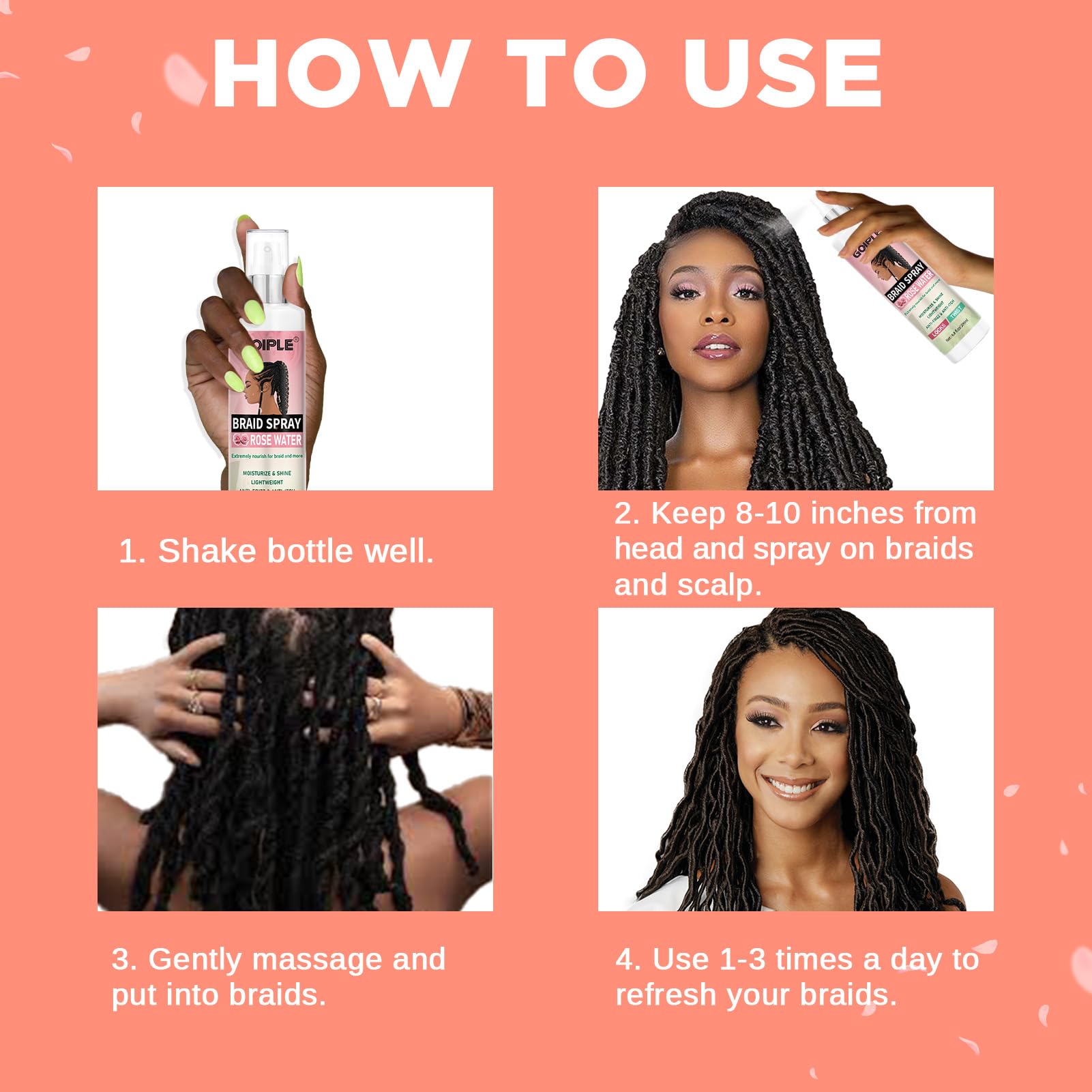Goiple Braid Spray Rose Mint bottle shining on dull hair