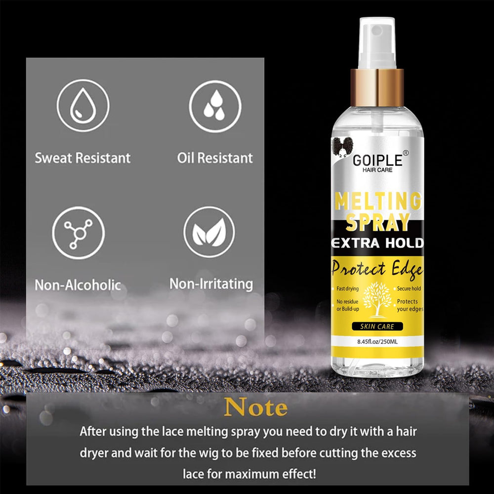 Goiple Lace Melting Spray secures closure wigs for all-day wear.
